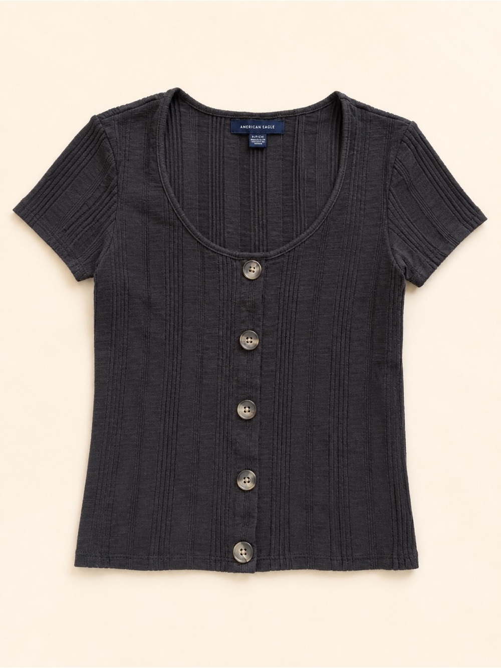 American Eagle Outfitters Black Ribbed Button-Front Short Sleeve Top